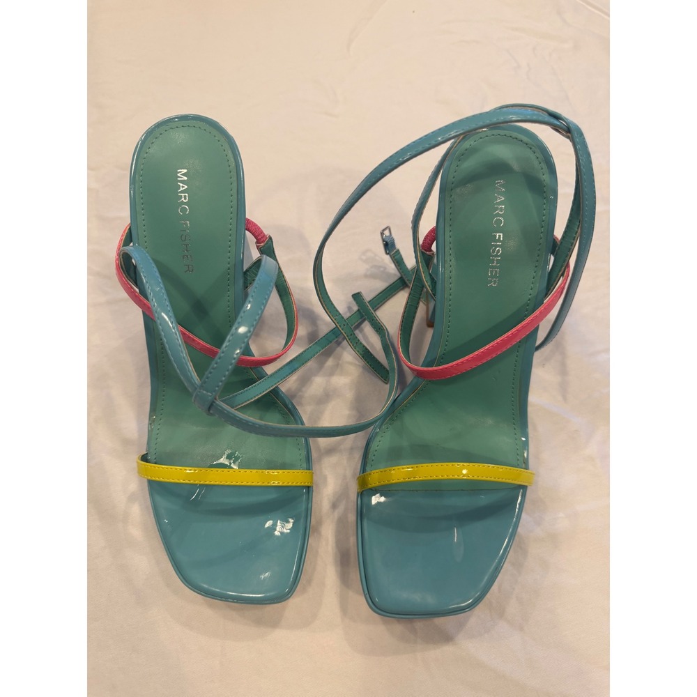 Marc Fisher Meacres Colorblock Patent Platform Sandals Teal Pink Yellow 9.5M